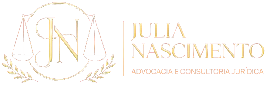 Logo de Julia Nascimento: iniciais JN dentro de um círculo, com balança e ramos de louro, e o nome Julia Nascimento, Advocacia e Consultoria Jurídica.